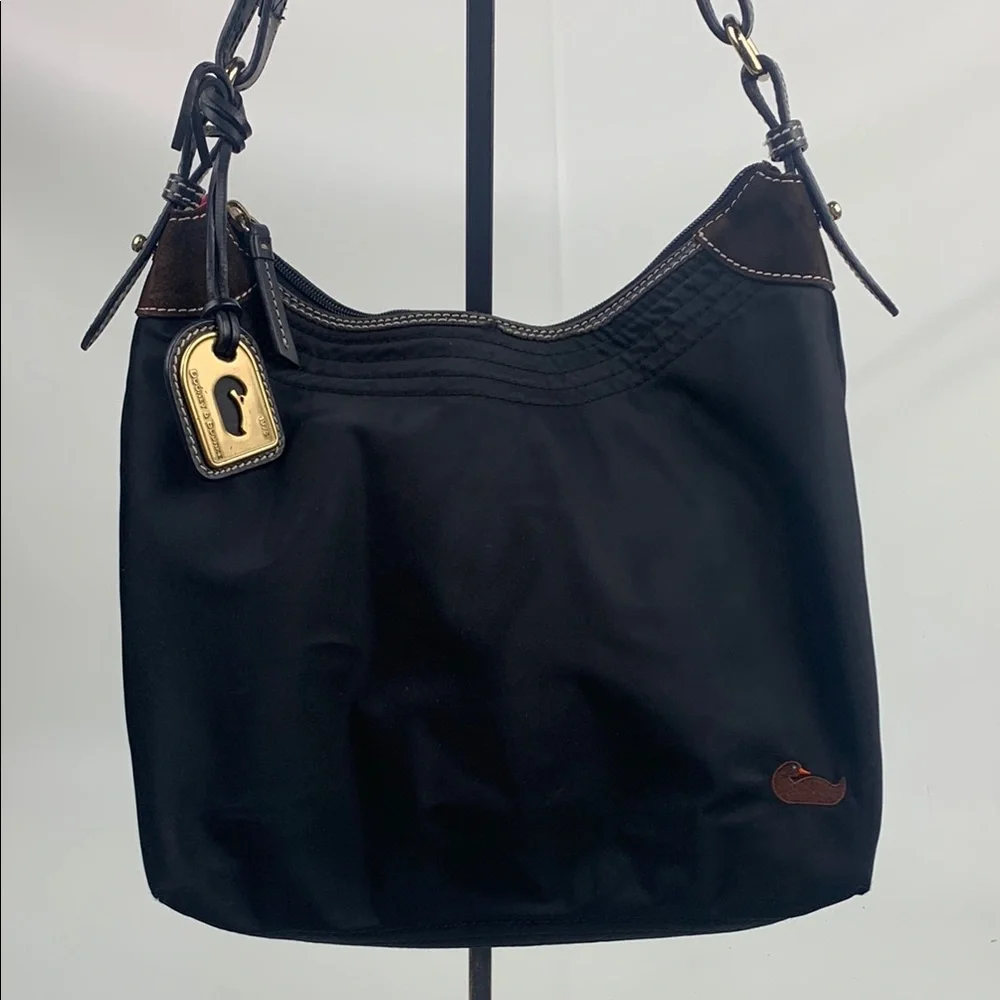 Dooney & Bourke Black leather Nylon Shoulder Bag Gold charm Pink lined Serial #